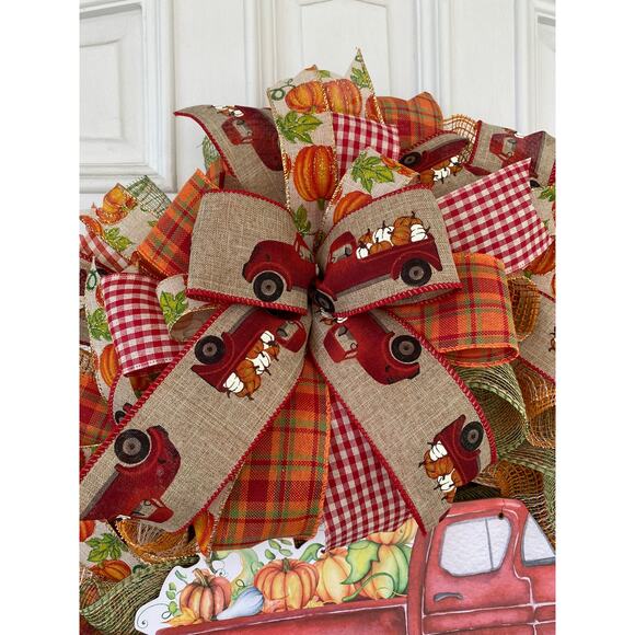 Red Pumpkin Truck Wreath, Rustic Farmhouse Mesh Ribbon Fall Autumn Wreath - Picture 2 of 7